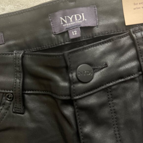 NYDJ Marilyn Straight Black Coated Lift Tuck Womens leather Pants Size 12 new - Picture 14 of 16
